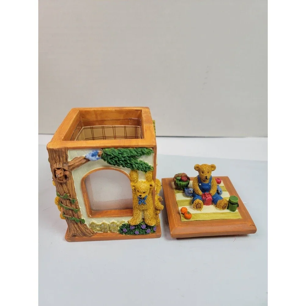 Vintage MK Enterprise Teddy Bear Glass Photo Frame Box Country House Japan